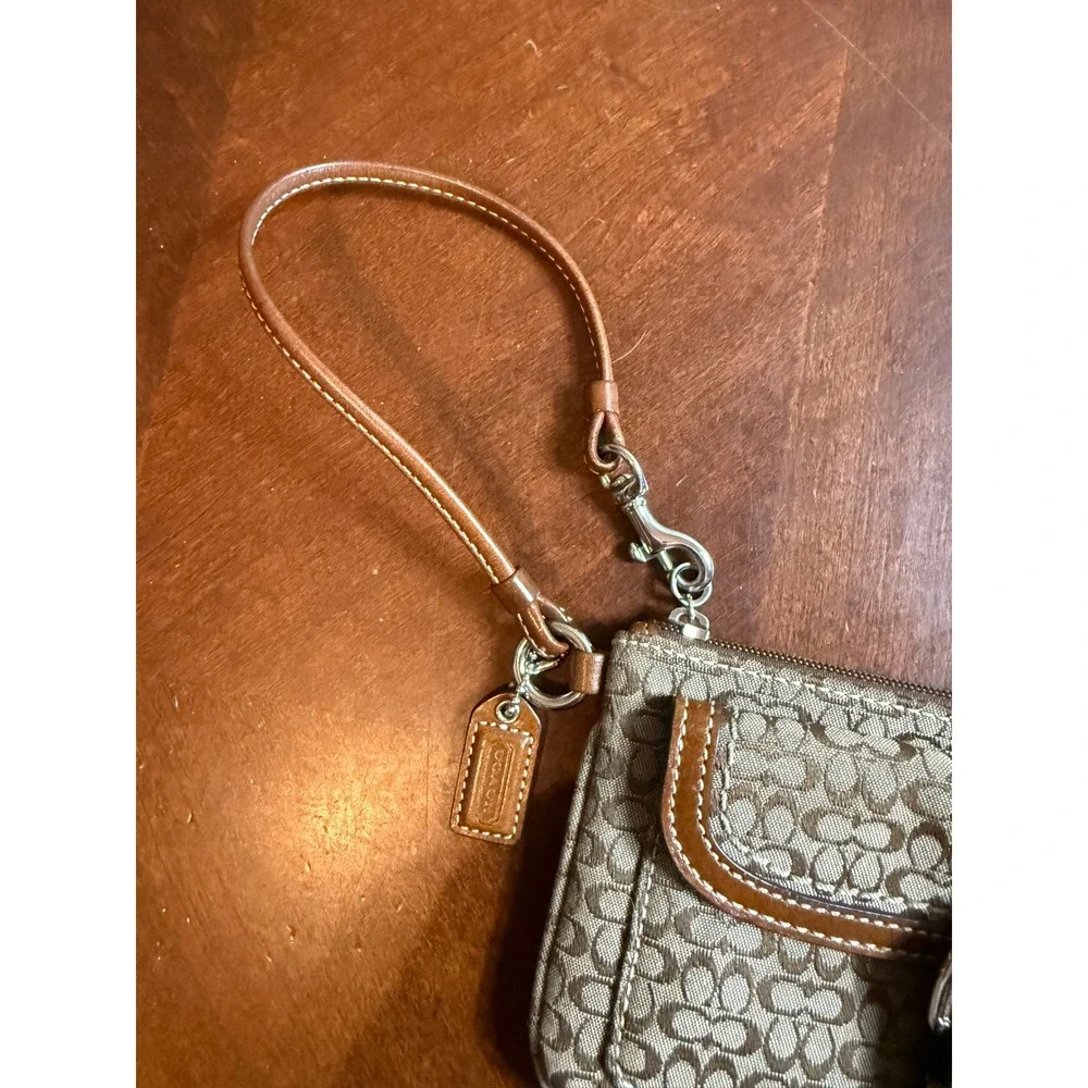 Coach Signature Jacquard Leather Buckle Wristlet Pouch Khaki Tan Silver Hardware